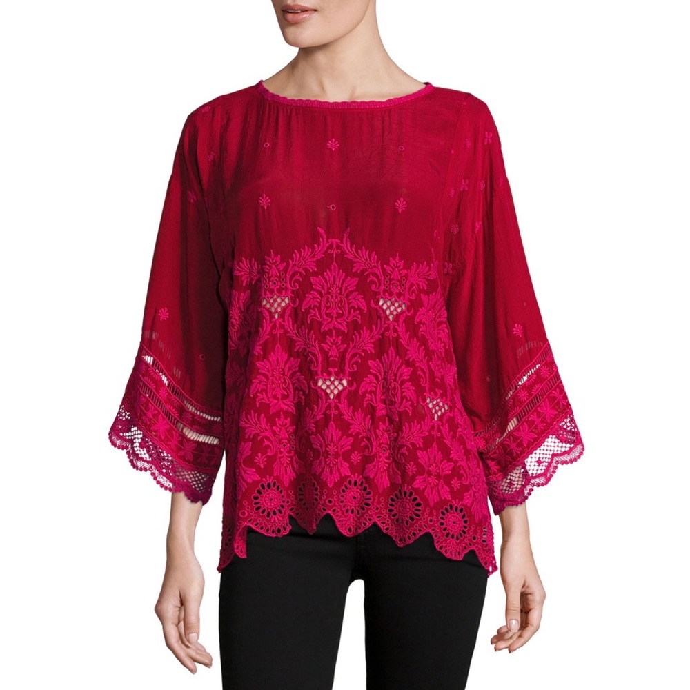 Johnny Was Fuchsia Embroidered Lace-Trim Peasant Top